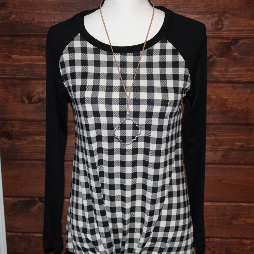 Women's Checker Print Raglan Sleeve Front Tie Top